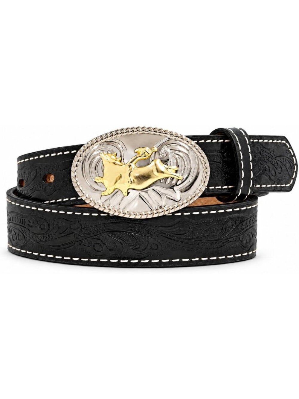 Boys' Floral Tooled Leather Belt with Western Buckle - 1.25" Bull Rider Style
